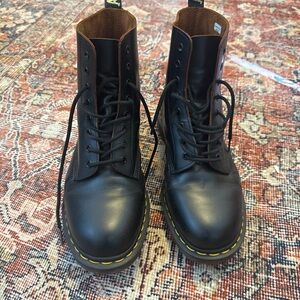 Dr. Martens Black Leather Boots with Yellow Stitching